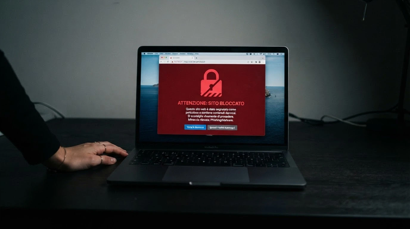 Un alert di sicurezza su schermo con l'icona di un lucchetto rosso e la scritta «Sito non autorizzato — DNS Blocked»