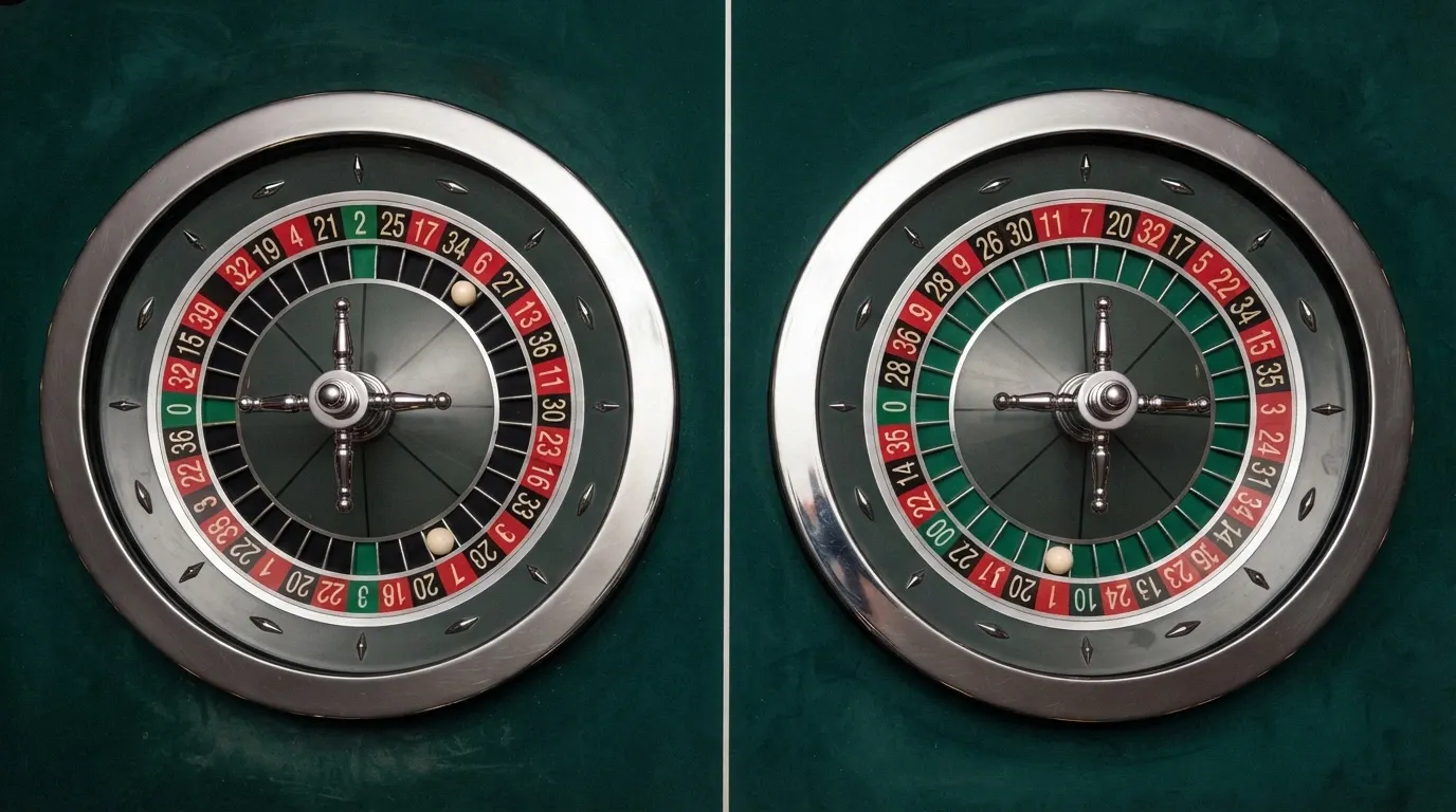 Due roulette affiancate a confronto: a sinistra il tavolo europeo con lo zero singolo evidenziato in verde, a destra il tavolo americano con zero e doppio zero entrambi evidenziati