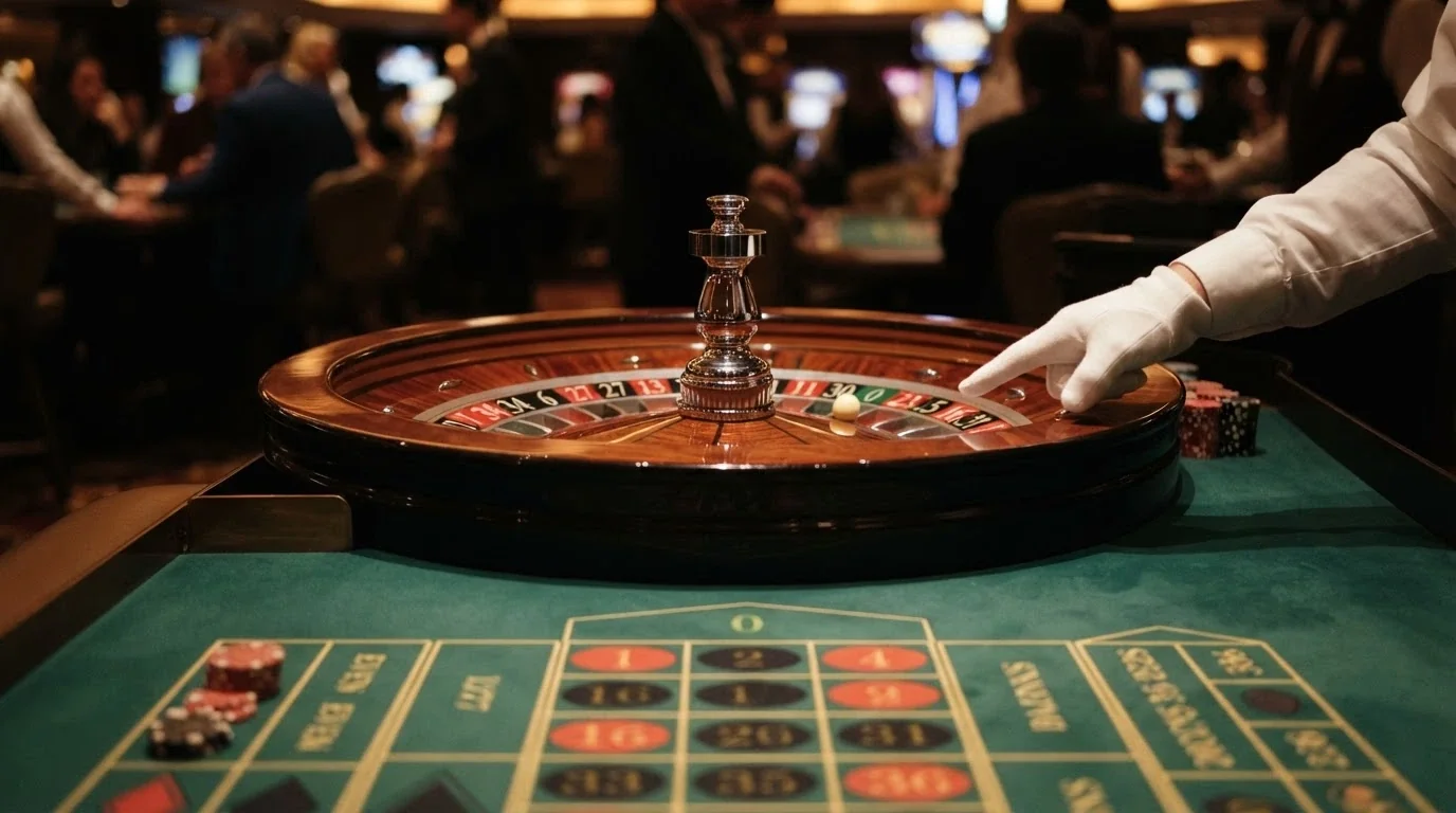 Primo piano della ruota della roulette francese con il croupier che annuncia il numero vincente e il panno verde con le puntate
