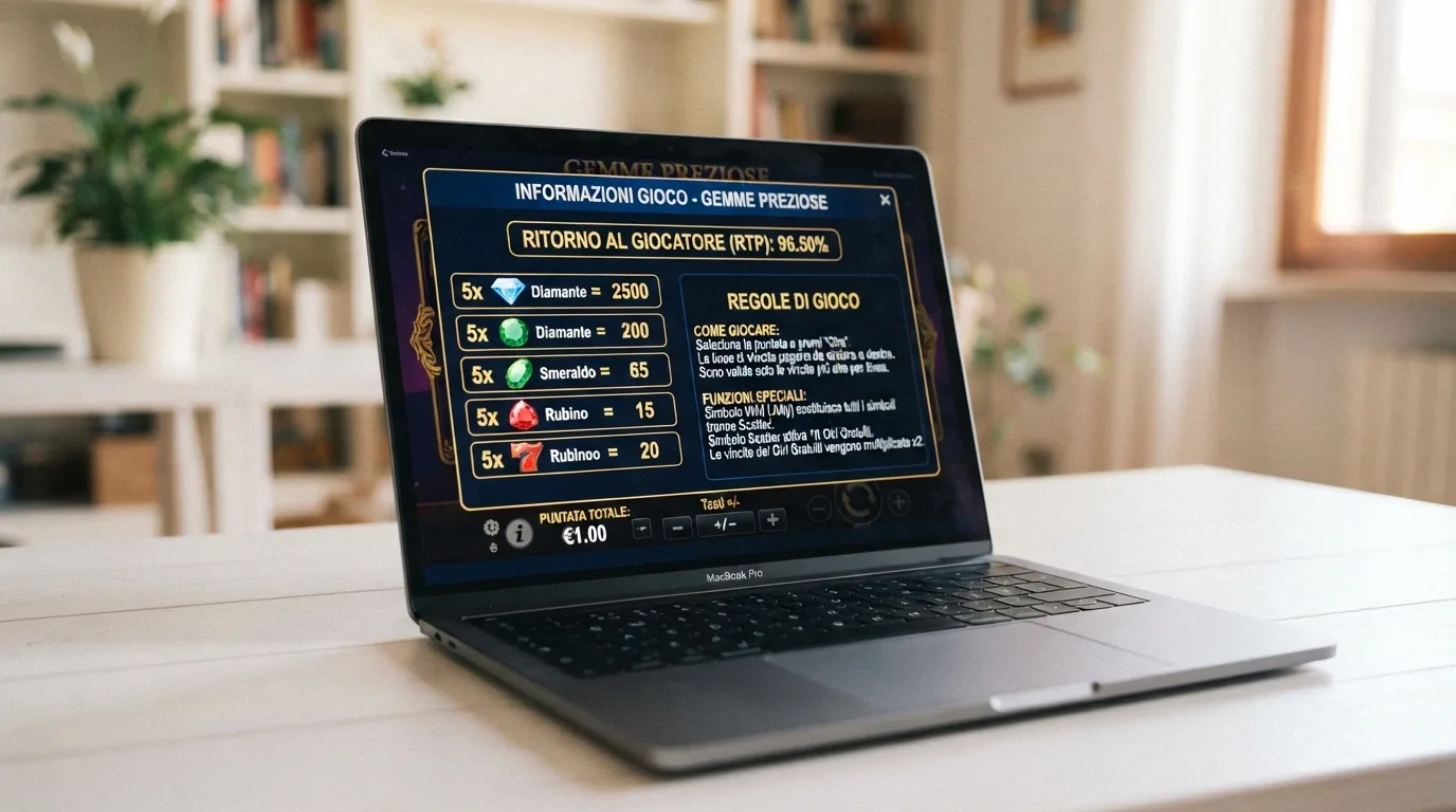 Il pannello delle informazioni di una slot machine online con evidenziata la sezione che mostra la percentuale RTP e le regole del gioco.