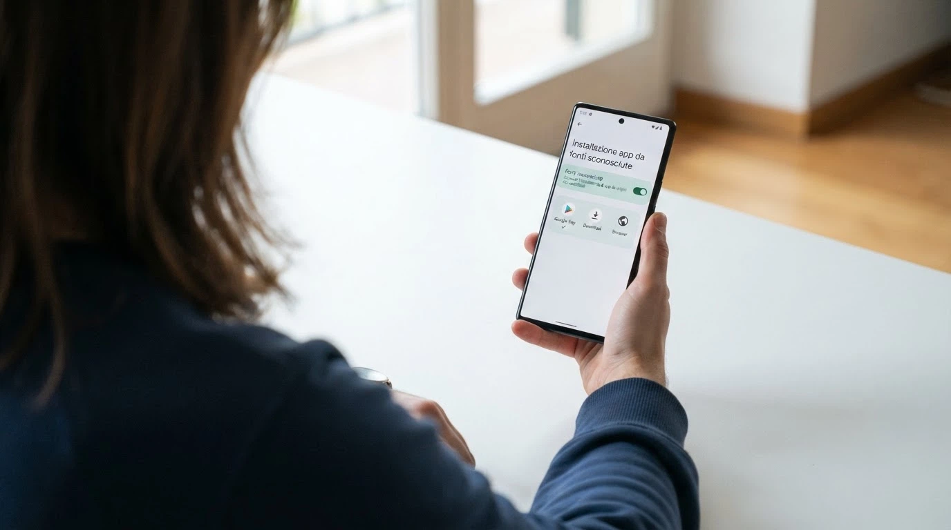 La schermata delle impostazioni di Android con l'opzione «Installa da fonti sconosciute» e, accanto, il badge del Google Play Store e l'icona di un file APK