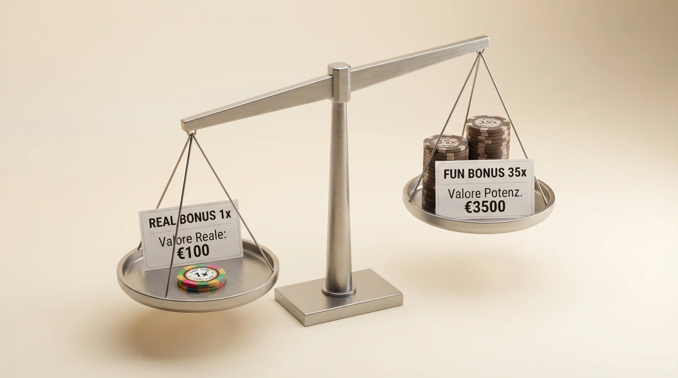 Una bilancia stilizzata: su un piatto «Real Bonus 1x — €10 subito», sull'altro «Fun Bonus 35x — €100 vincolati», con il primo piatto che pende più in basso