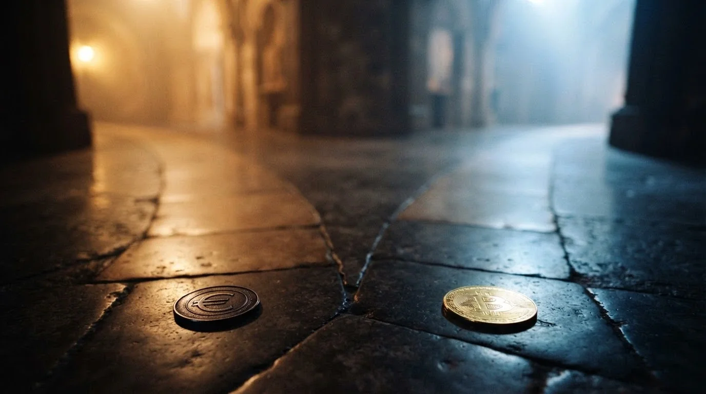 Due percorsi che si biforcano: a sinistra il simbolo dell'euro con lo stemma ADM, a destra il simbolo Bitcoin con una clessidra