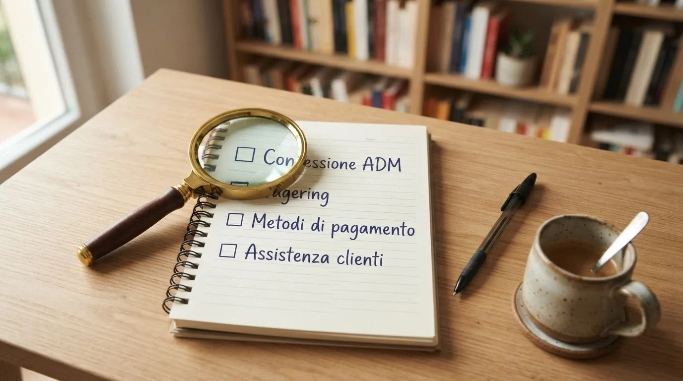 Una lente di ingrandimento su una lista di controllo con voci come «Concessione ADM», «Wagering», «Metodi di pagamento» e «Assistenza clienti»