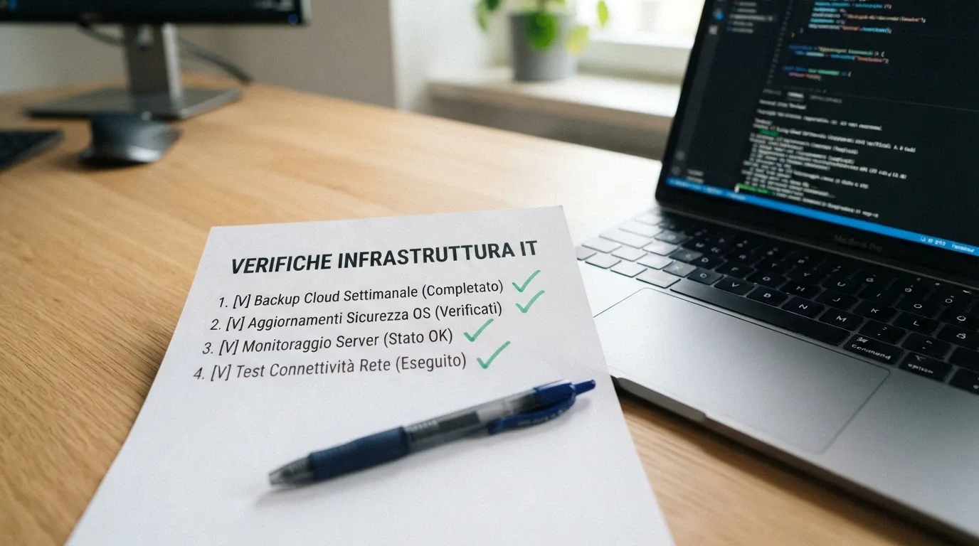 Una checklist con quattro voci barrate in verde (licenza, termini bonus, tempi prelievo, recensioni) posata accanto alla tastiera di un computer.