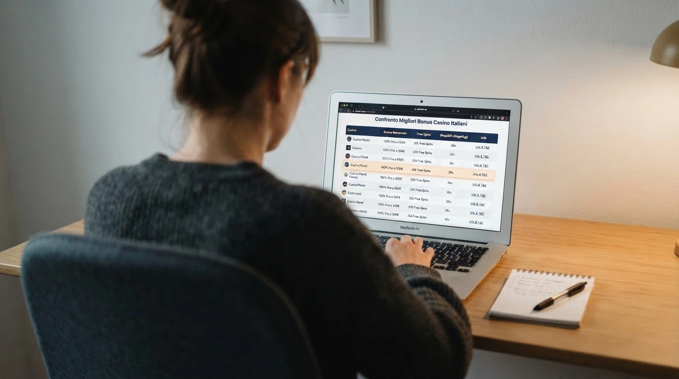 Un giocatore che consulta una guida ai casinò online su un portatile, con un'espressione riflessiva