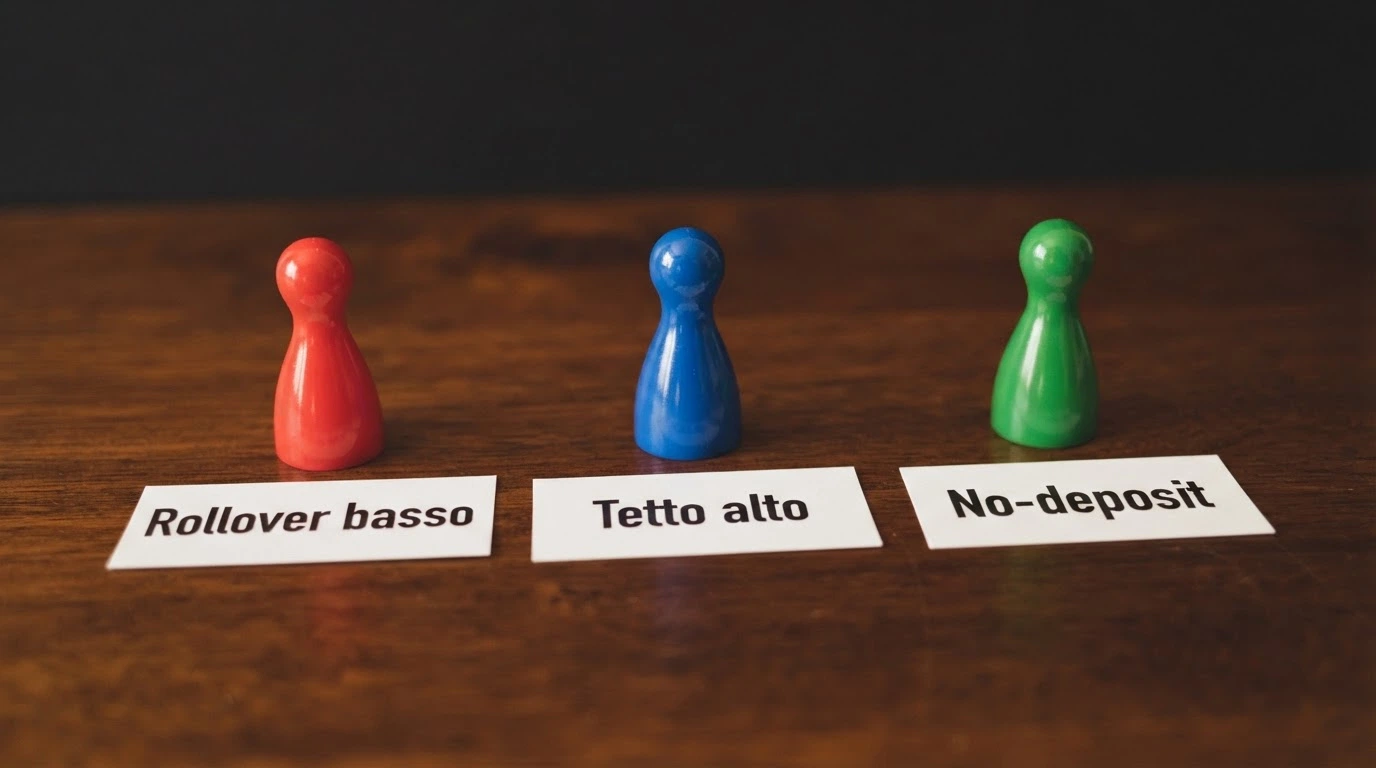 Tre pedine di colore diverso su un tavolo, ciascuna accanto a un'etichetta: «Rollover basso», «Tetto alto», «No-deposit»