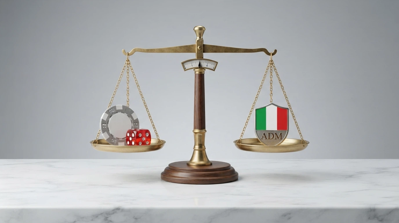 Una bilancia a due piatti: su uno il simbolo Litecoin e un dado da gioco, sull'altro uno scudo con la bandiera italiana e la sigla ADM, in equilibrio precario