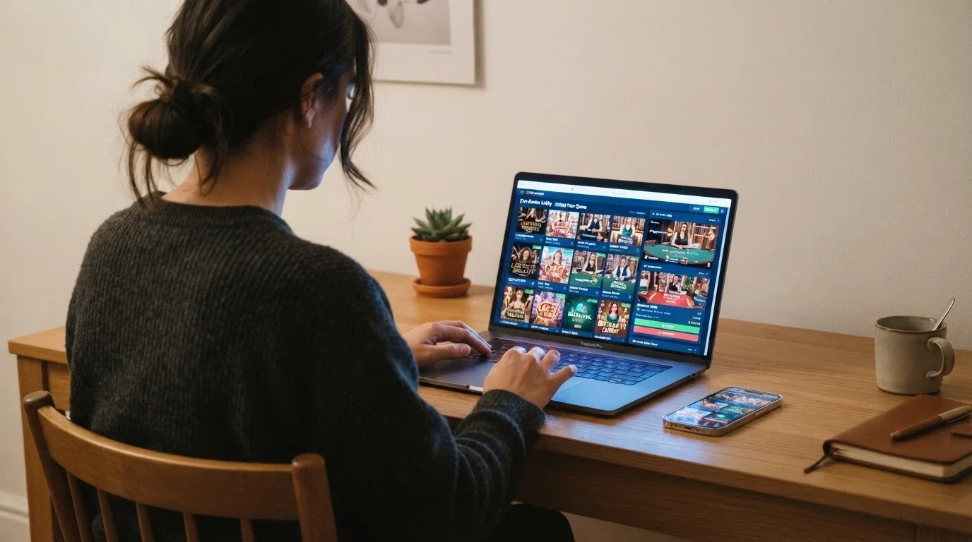 Giocatore davanti allo schermo del laptop mentre confronta diverse lobby di casinò dal vivo, con smartphone a portata di mano