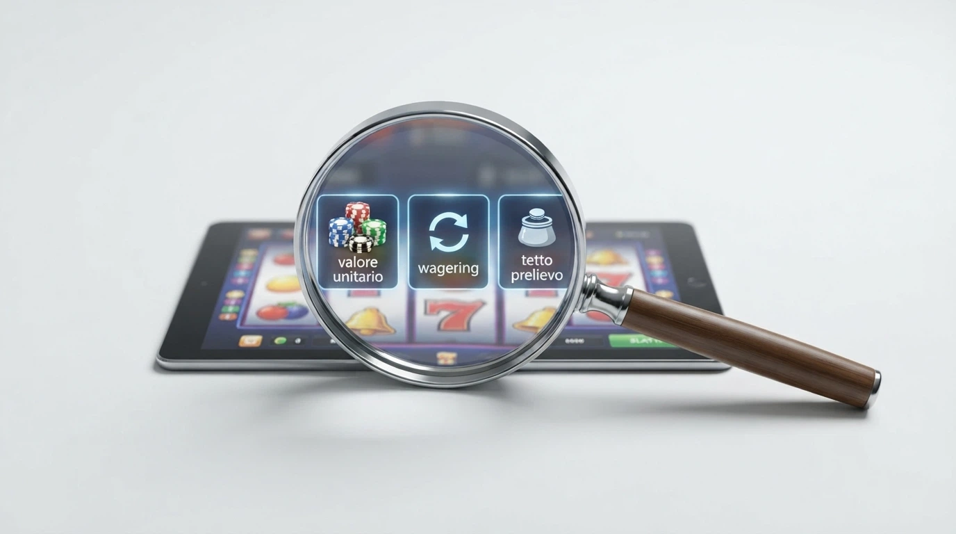 Una lente di ingrandimento su una slot machine, con tre indicatori in evidenza: valore unitario, wagering e tetto prelievo, su sfondo bianco