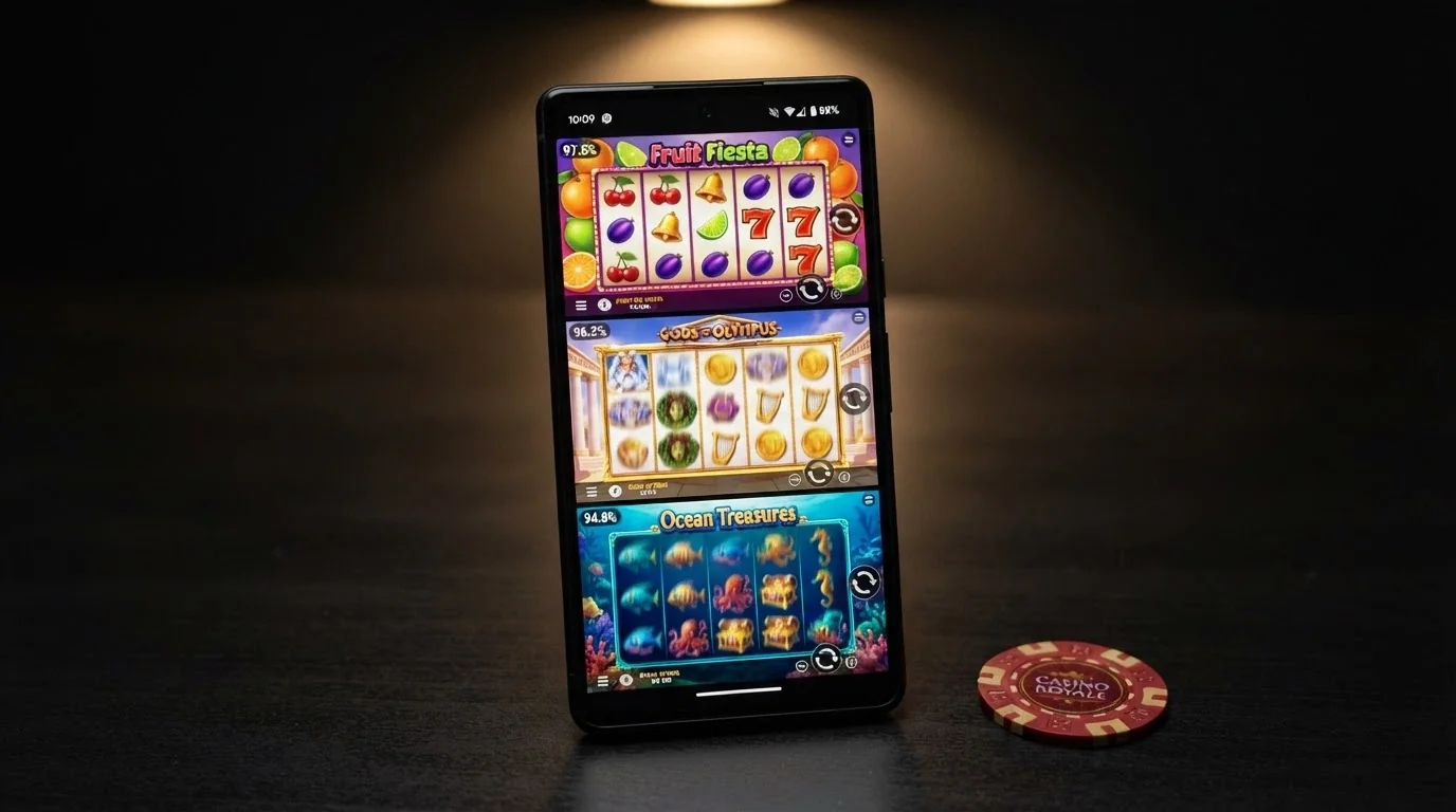 Tre slot machine diverse visualizzate su uno smartphone Android in orientamento portrait, con rulli colorati, simboli e l'indicazione dell'RTP in sovrimpressione