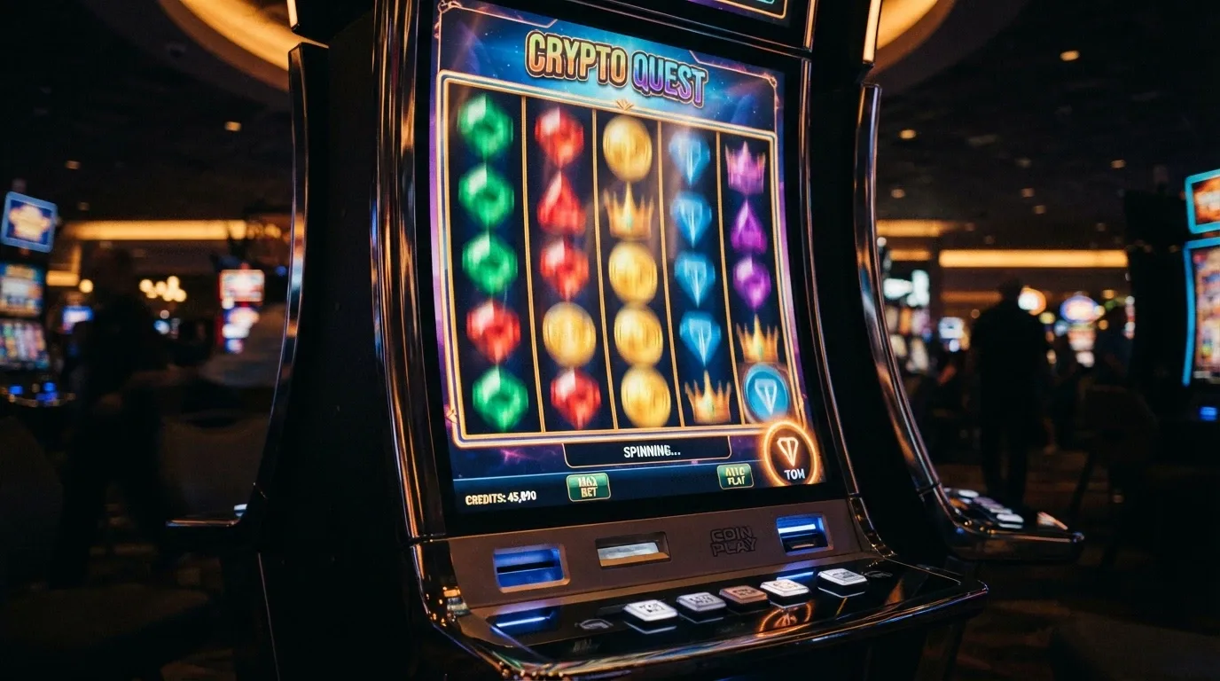 Una slot machine digitale con rulli in movimento e il logo BCH visibile nell'interfaccia di pagamento