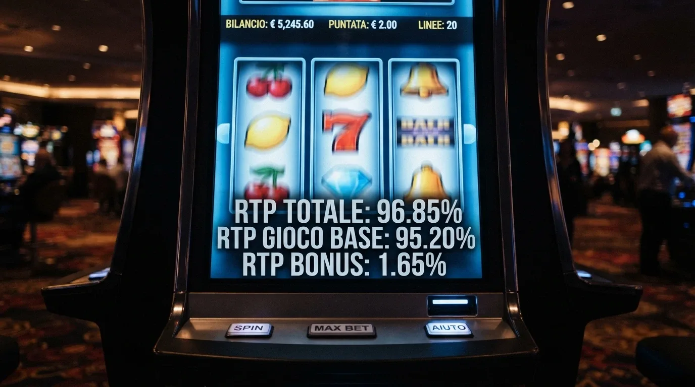 Tre rulli di slot machine in movimento su uno schermo, con le percentuali RTP sovraimpresse in trasparenza