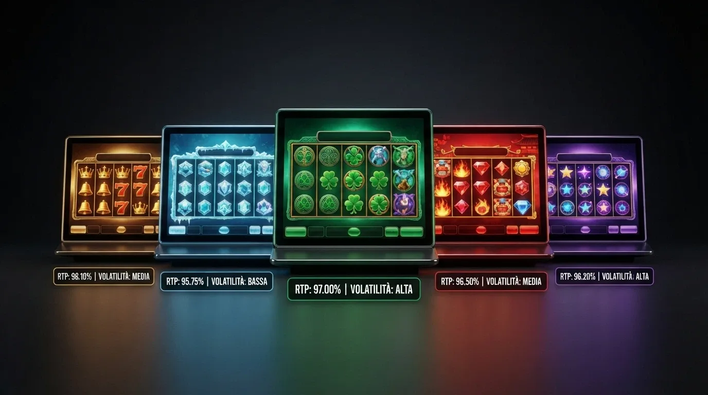 Una schermata di cinque slot popolari (Starburst, Book of Dead, Gonzo's Quest, Book of Ra, Age of the Gods) con RTP e volatilità in etichetta