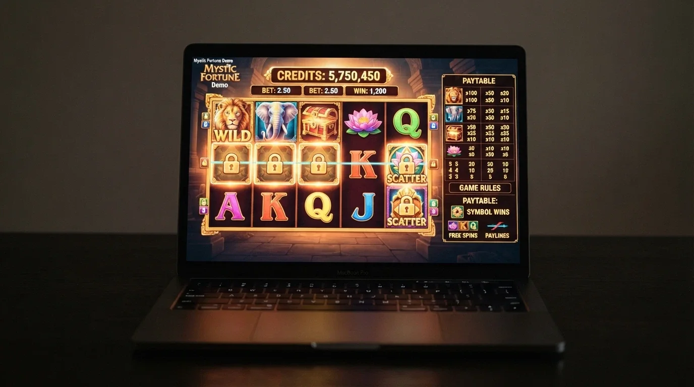 Una slot machine online in versione demo con i rulli in movimento, il contatore dei crediti virtuali e la tabella dei pagamenti aperta