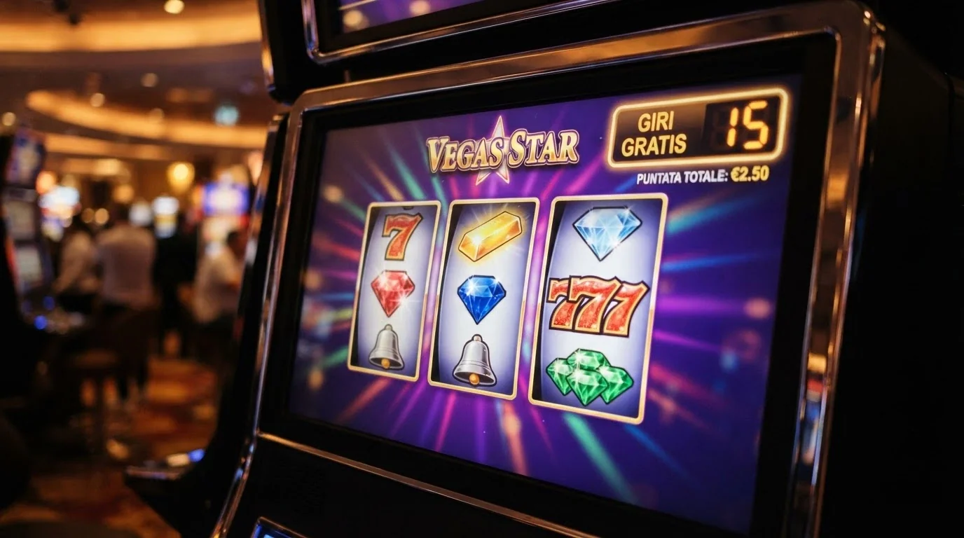 Interfaccia di una slot machine online con rulli, simboli e contatore giri gratis attivo