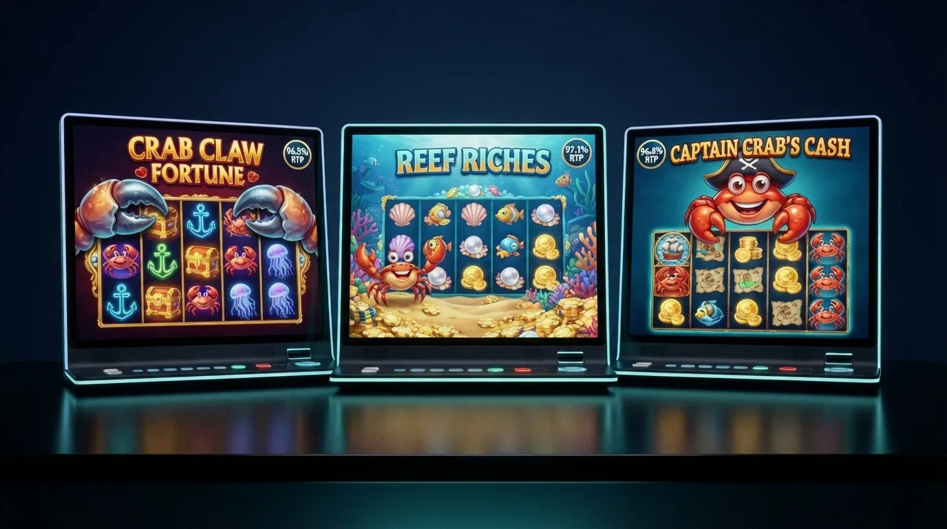 Tre schermate di slot a tema granchio affiancate — Crab Trap con le chele in primo piano, Cash & Crab con monete sul fondale, Slot Crab con granchio cartoon — ciascuna con il badge RTP in sovrimpressione