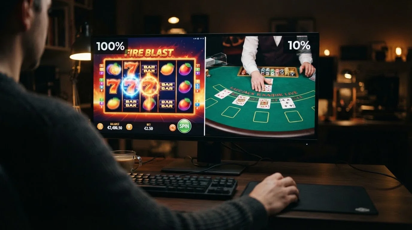 Una schermata divisa tra una slot machine online e un tavolo da casinò live, con l'indicazione della percentuale di contribuzione al wagering per ciascuna categoria