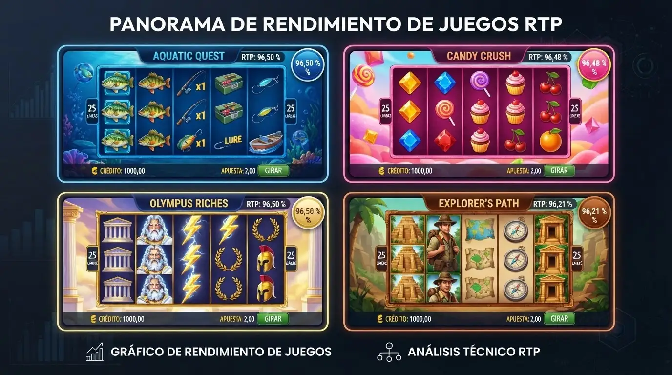 Griglia di copertine di slot (Big Bass Splash, Sweet Bonanza, Gates of Olympus, Book of Dead) con badge RTP in sovrimpressione