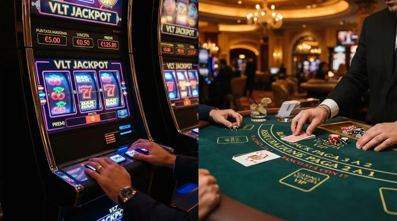 Schermata divisa tra una slot machine digitale con rulli in movimento e un tavolo da blackjack live con dealer in uniforme