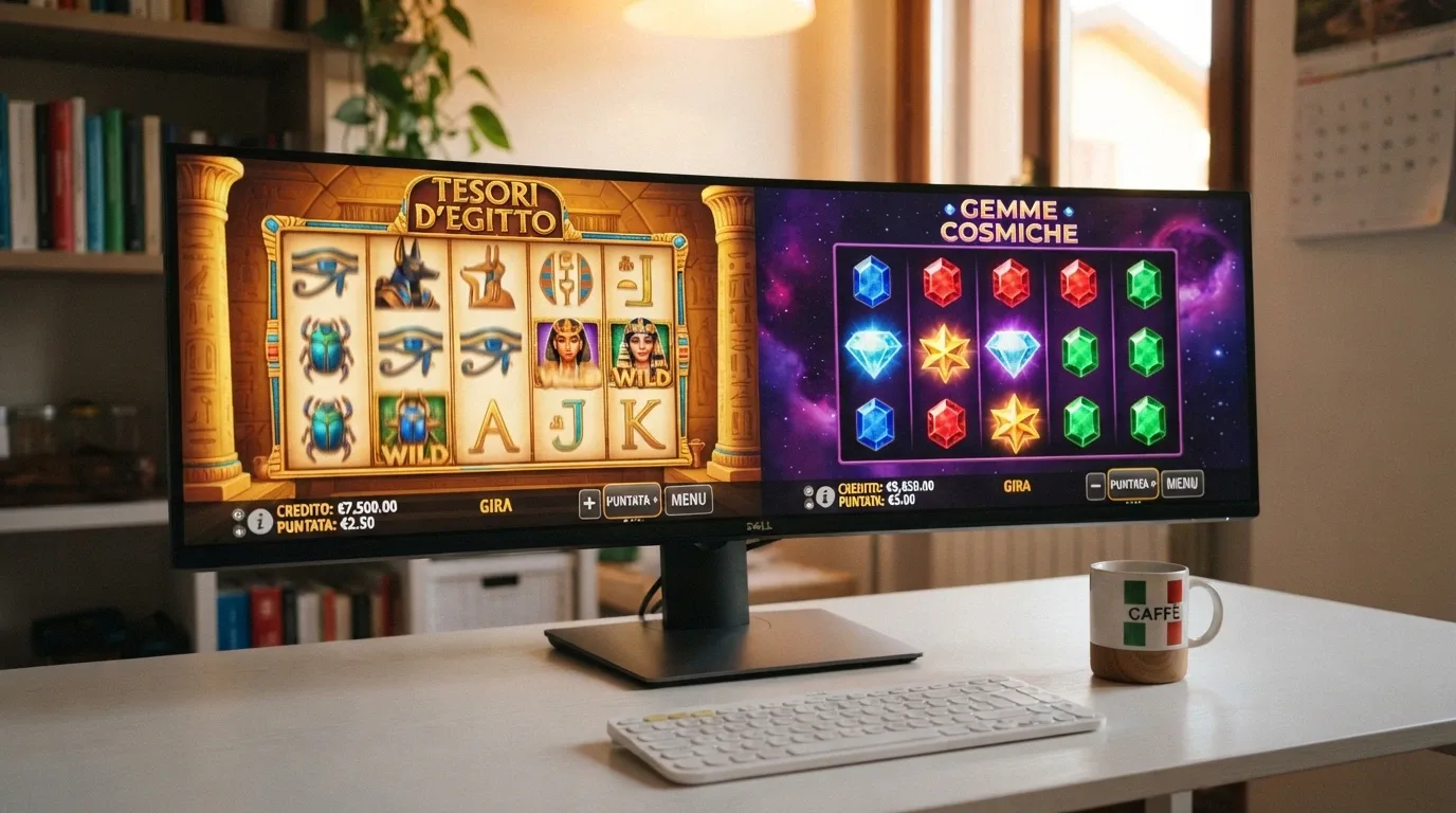 Una composizione di due slot machine in versione demo — Book of Ra Deluxe e Starburst — affiancate sullo schermo con crediti virtuali