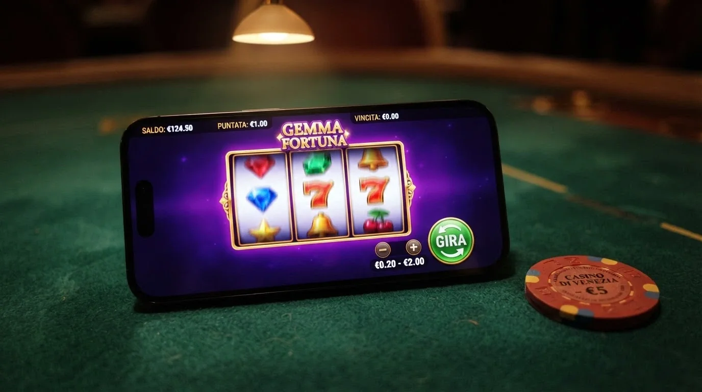 iPhone in orizzontale con una slot machine in esecuzione, rulli visibili e interfaccia touch