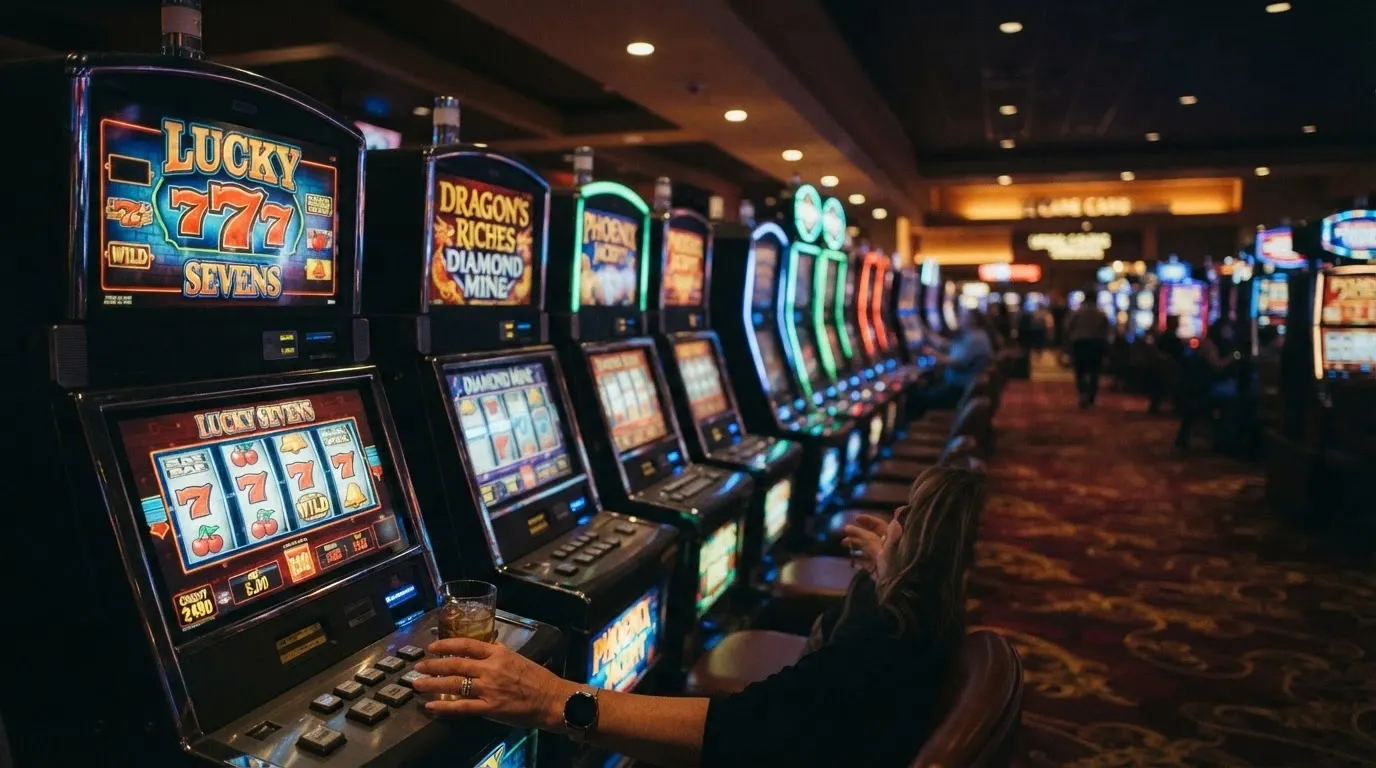 Una fila di slot machine accese nella Sala Slot del Casinò di Sanremo