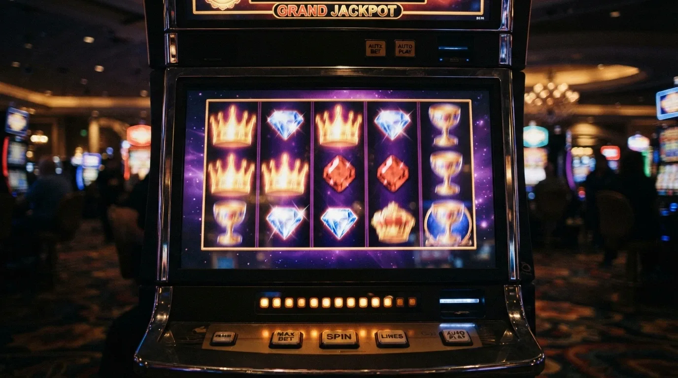 Schermata di una slot machine online colorata con rulli in movimento e simboli dorati
