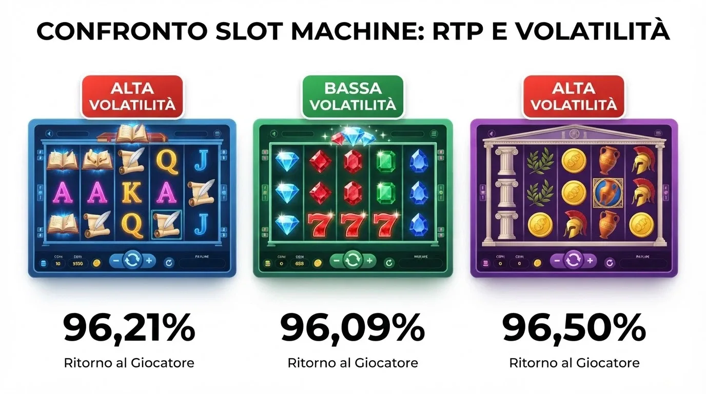 Tre slot machine affiancate con i nomi Book of Dead, Starburst e Gates of Olympus, percentuali RTP in evidenza