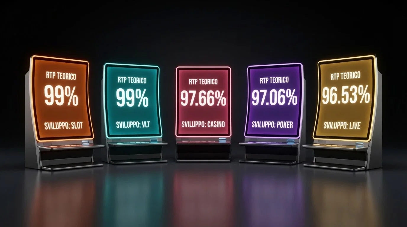 Un collage di cinque slot machine italiane con le rispettive percentuali RTP in overlay, su sfondo scuro con effetto neon