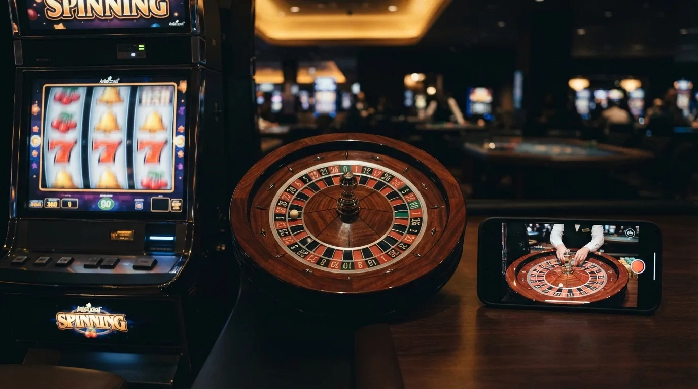 Una composizione che affianca il rullo di una slot machine digitale, un tavolo da roulette con croupier in streaming e uno smartphone con lo stesso gioco in esecuzione.