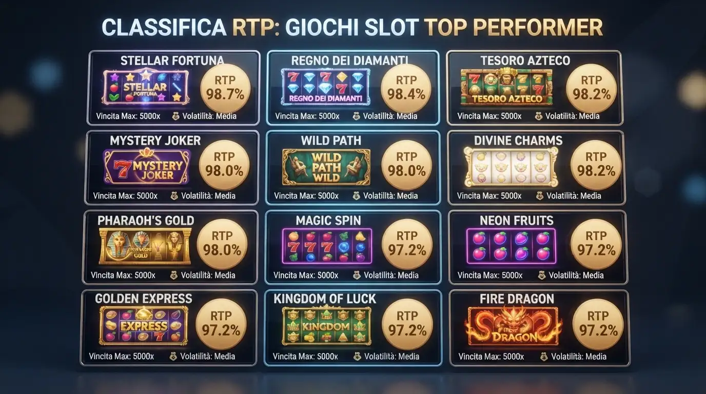 Una selezione di slot machine online ad alto RTP affiancate in una griglia visiva, con le percentuali RTP in evidenza accanto a ciascun titolo.