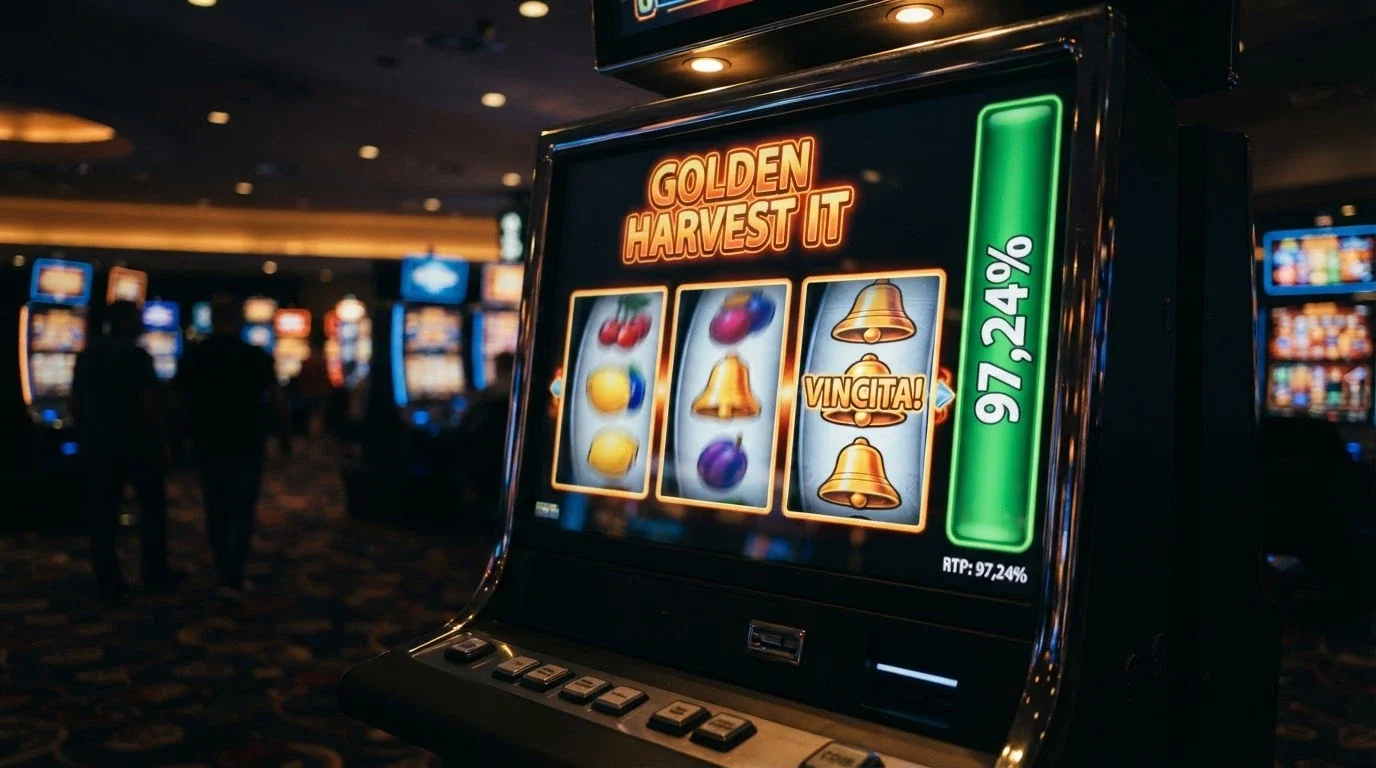 Tre rulli di slot machine in movimento con i simboli allineati su una combinazione vincente e una barra laterale che mostra la percentuale RTP 97,24% in verde