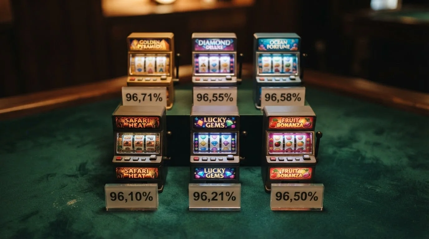 Una griglia di sei slot machine in miniatura affiancate, ciascuna con il proprio valore RTP in primo piano: 96,10%, 96,21%, 96,50%, 96,71%, 96,55%, 96,58%