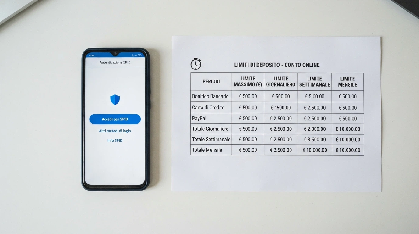 La schermata di accesso al RUA con SPID, l'interfaccia di impostazione dei limiti di deposito e il timer di sessione visibile