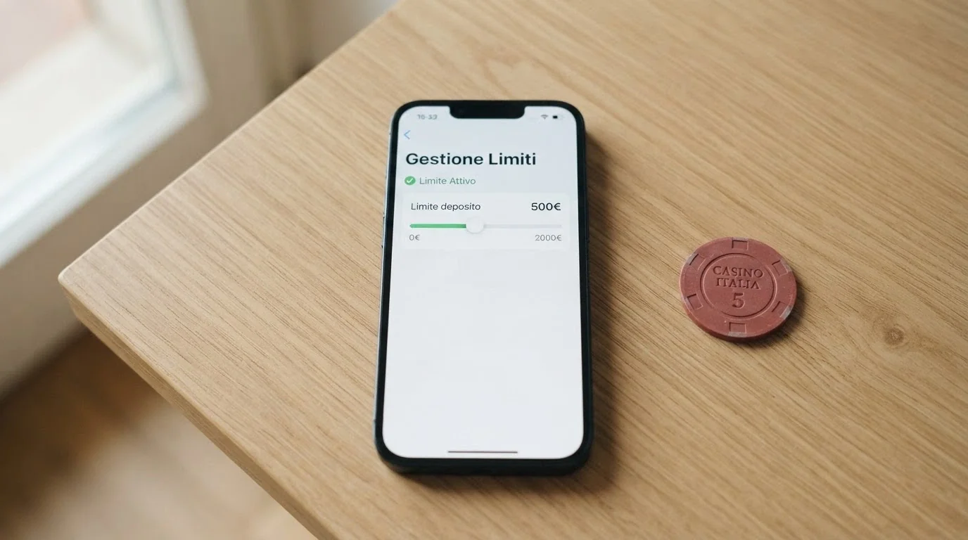 Uno smartphone che mostra l'interfaccia di impostazione dei limiti di deposito in un casinò online italiano, con un lucchetto verde nell'angolo.