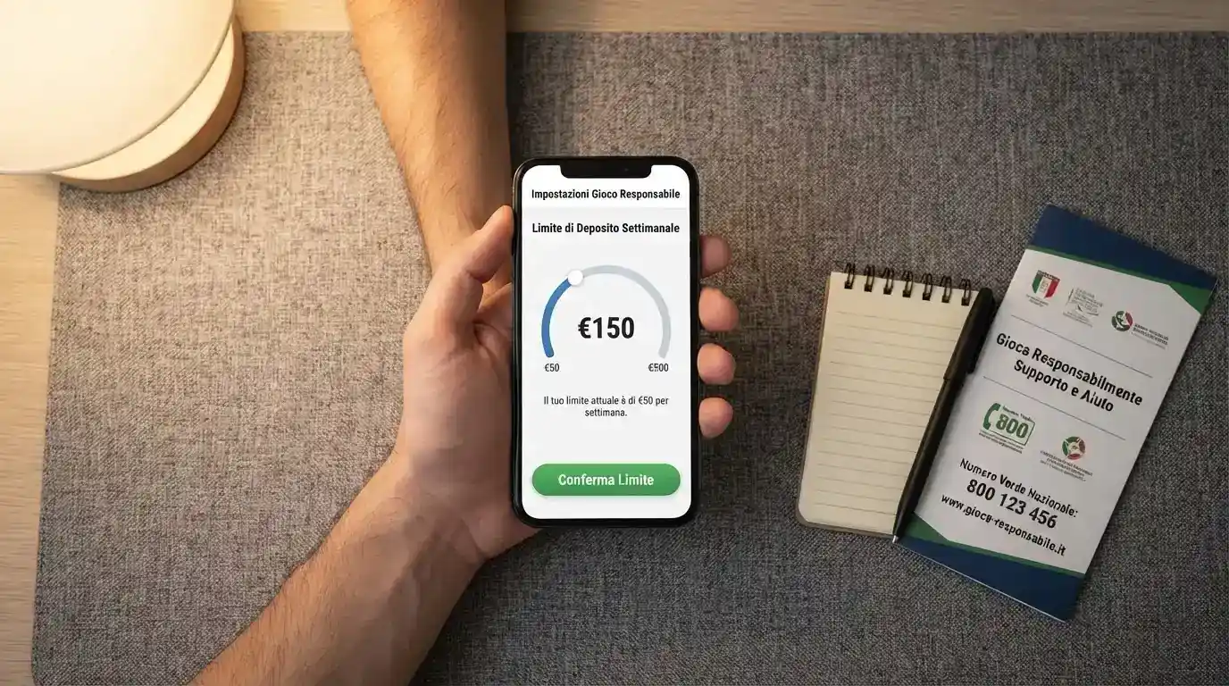 Una mano che imposta un limite di deposito su un'interfaccia utente chiara e accessibile, affiancata dal numero del Telefono Verde Nazionale