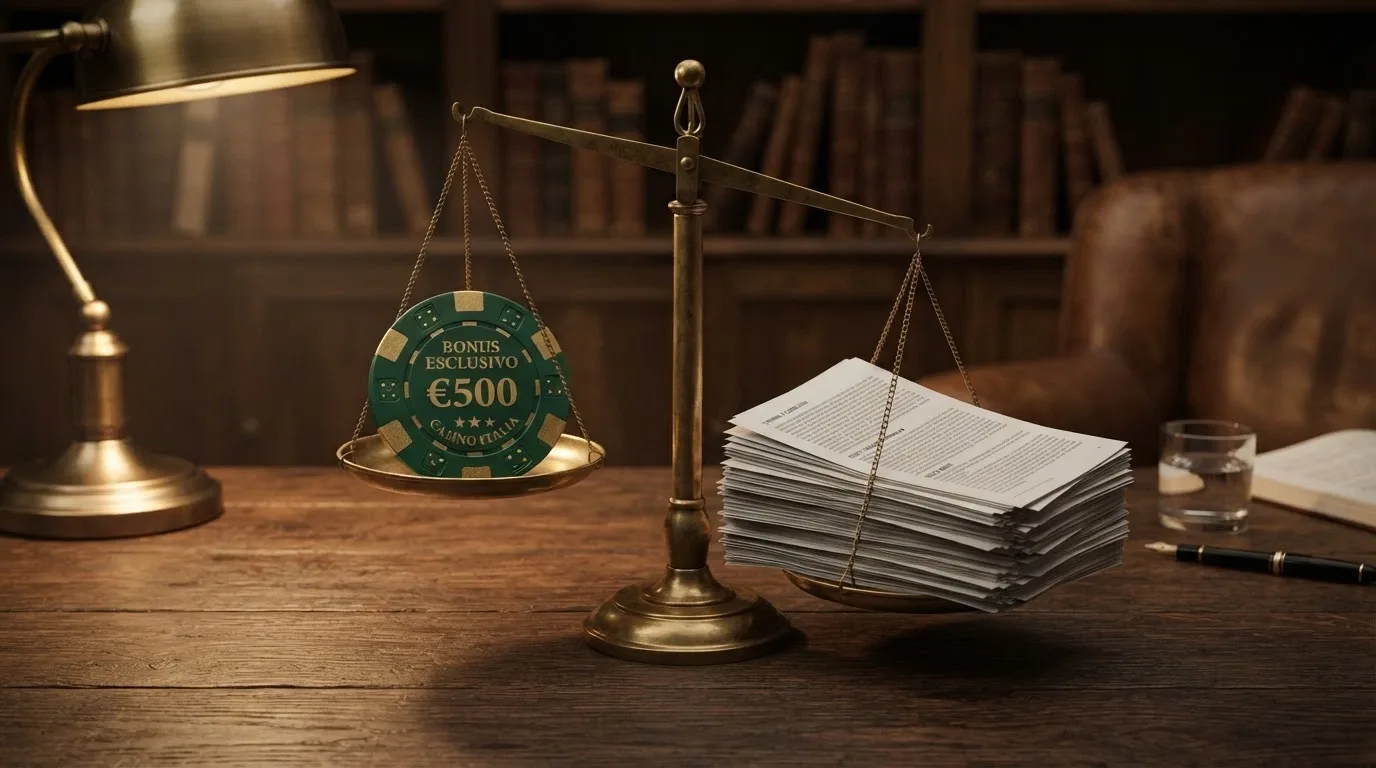 Una bilancia grafica che pesa un chip da €5.000 contro una pila di condizioni in caratteri piccoli