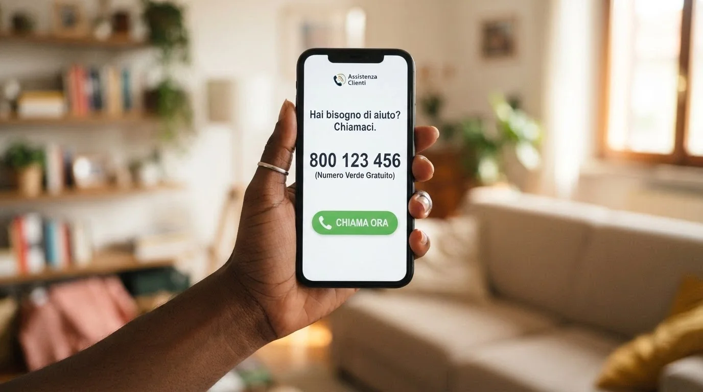 Primo piano di uno smartphone con il numero verde 800 558 822 e l'interfaccia del servizio Gioca Responsabile