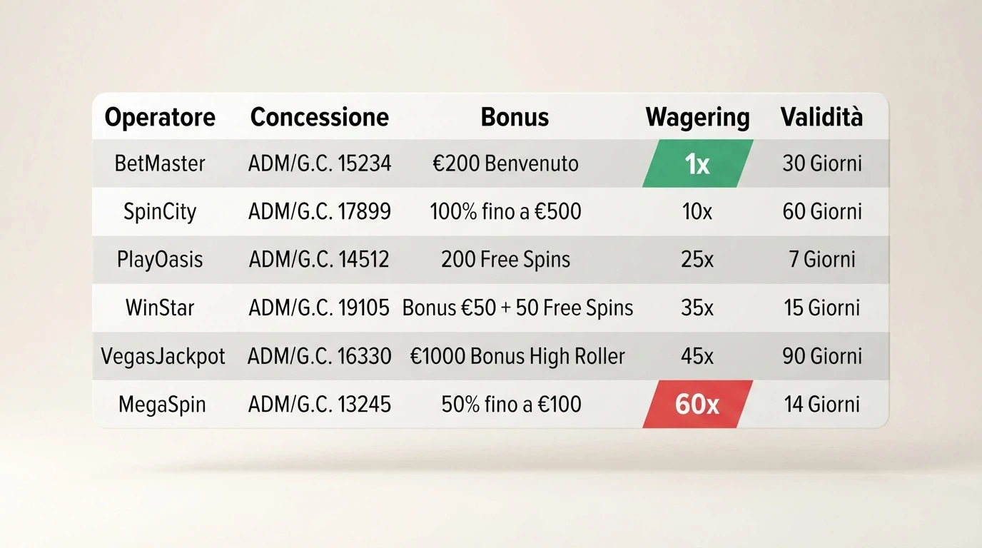 Tabella comparativa con le colonne operatore, concessione ADM, bonus senza deposito, wagering e validità per i 10 operatori recensiti