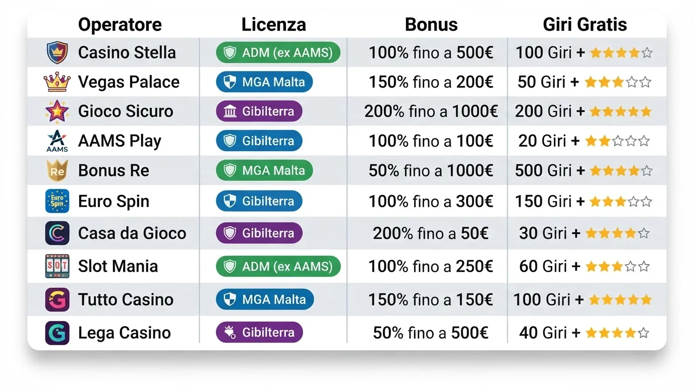 Una tabella comparativa stilizzata con icone di casinò, percentuali e stelle di valutazione
