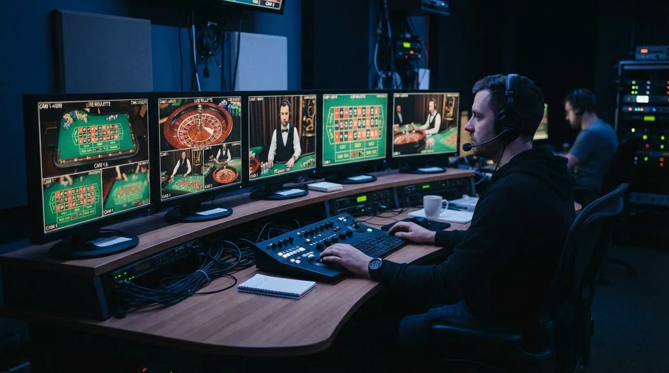 Regia di produzione con monitor multipli che mostrano le inquadrature di un tavolo da roulette in uno studio di casinò dal vivo