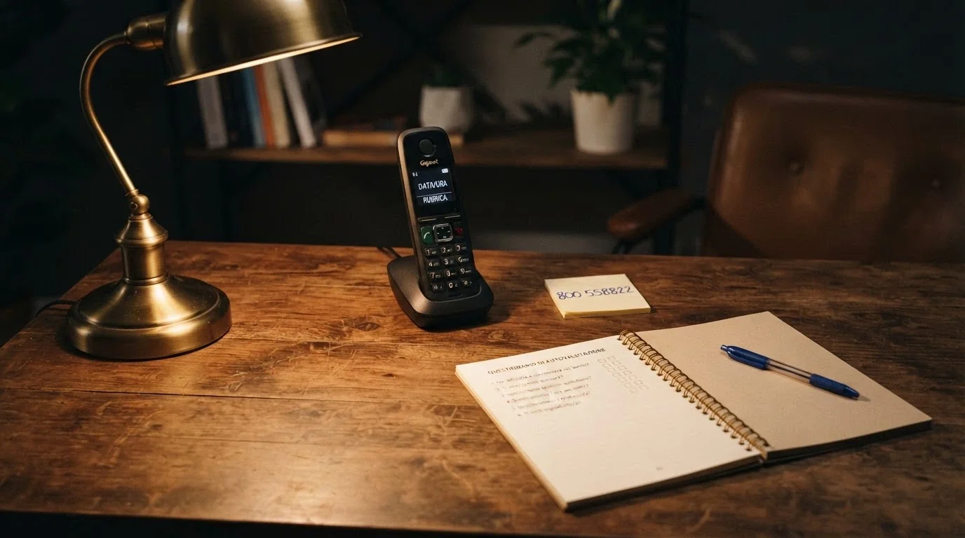 Un telefono fisso su una scrivania con un block notes aperto alla pagina del questionario di autovalutazione ADM, il numero 800 558822 scritto in evidenza.