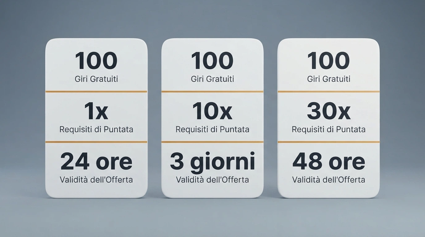 Schema che confronta i termni di tre diverse offerte di giri gratis: numero giri, wagering e scadenza