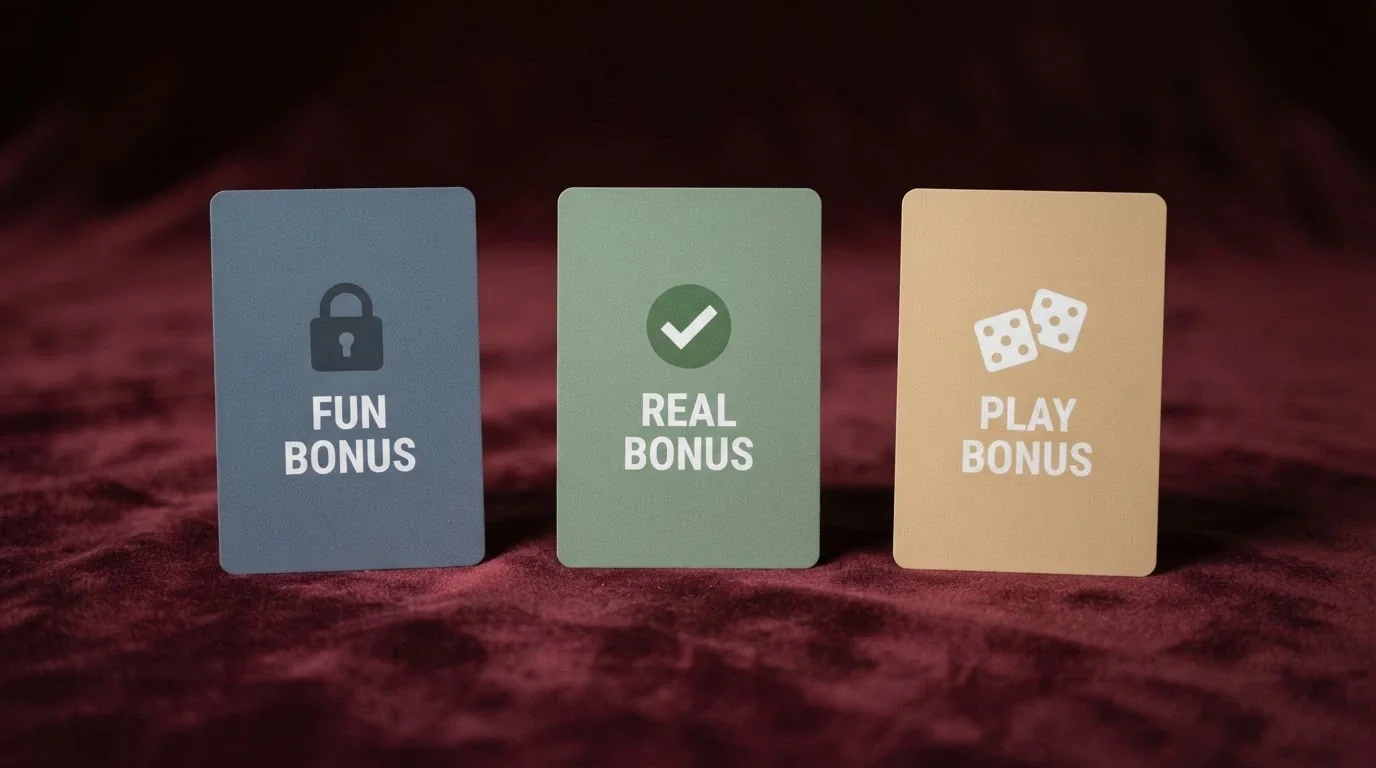Tre carte da gioco affiancate con le etichette «Fun Bonus», «Real Bonus» e «Play Bonus» in italiano, ciascuna con un'icona diversa (lucchetto, spunta verde, dado).