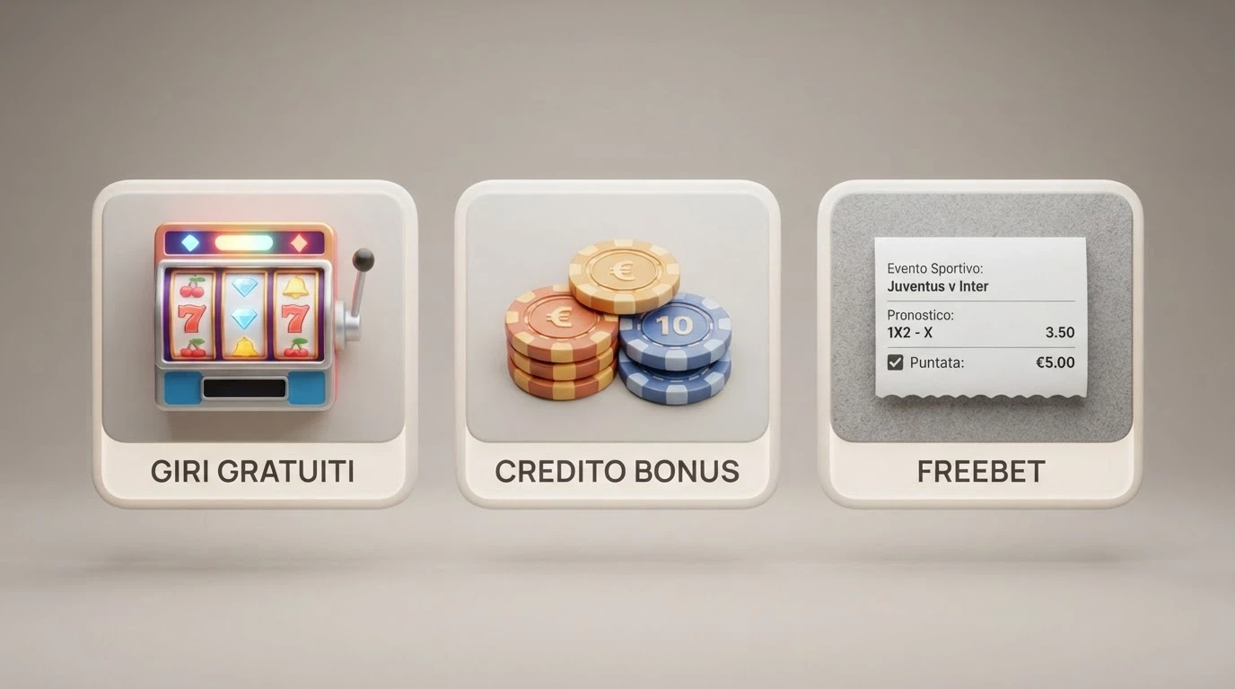 Tre riquadri che rappresentano le forme del bonus senza deposito: giri gratuiti su slot, credito bonus in euro, freebet su scommessa