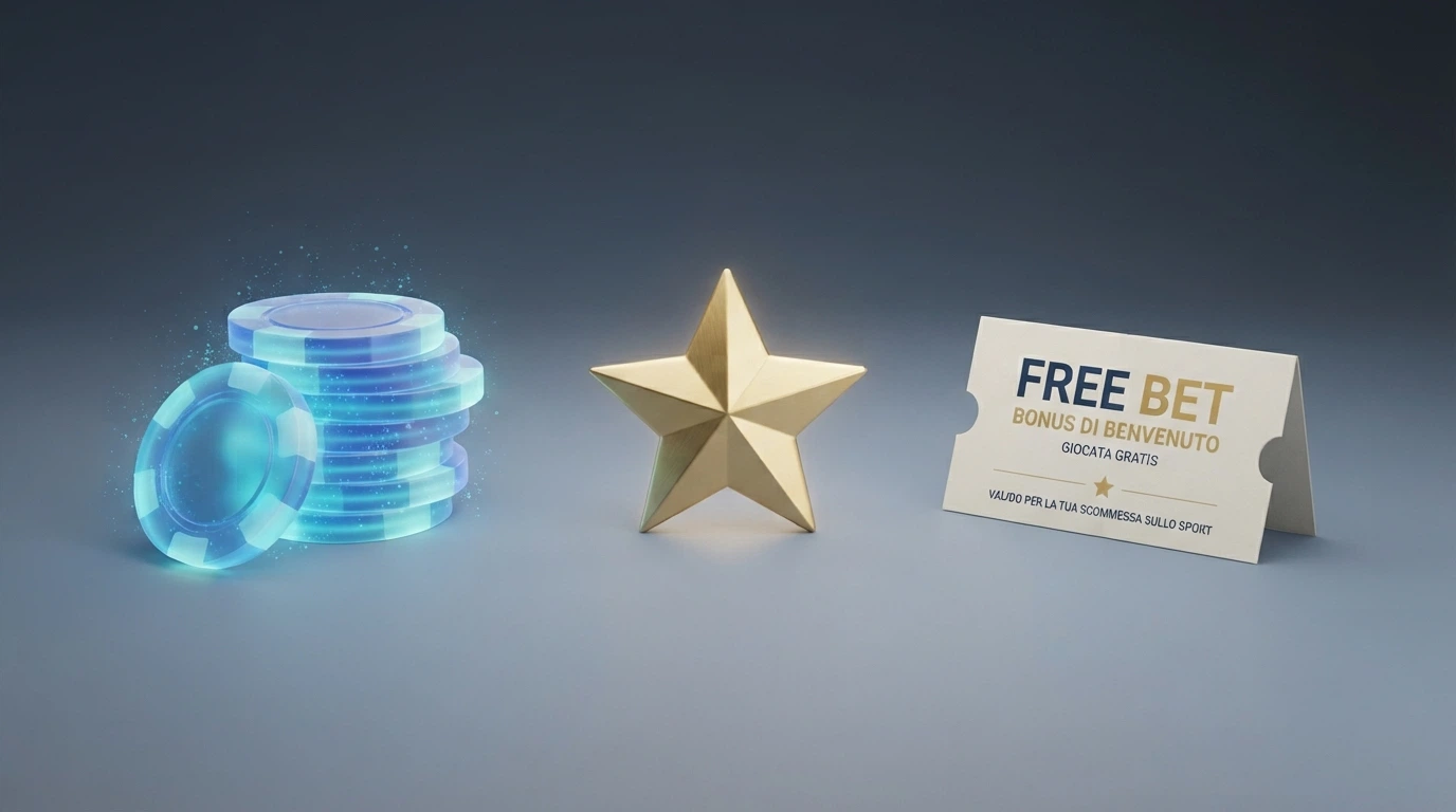 Tre elementi grafici affiancati che rappresentano le forme del bonus compleanno: monete virtuali per il Fun Bonus, una stella dorata per i punti fedeltà, un biglietto per la free bet sportiva