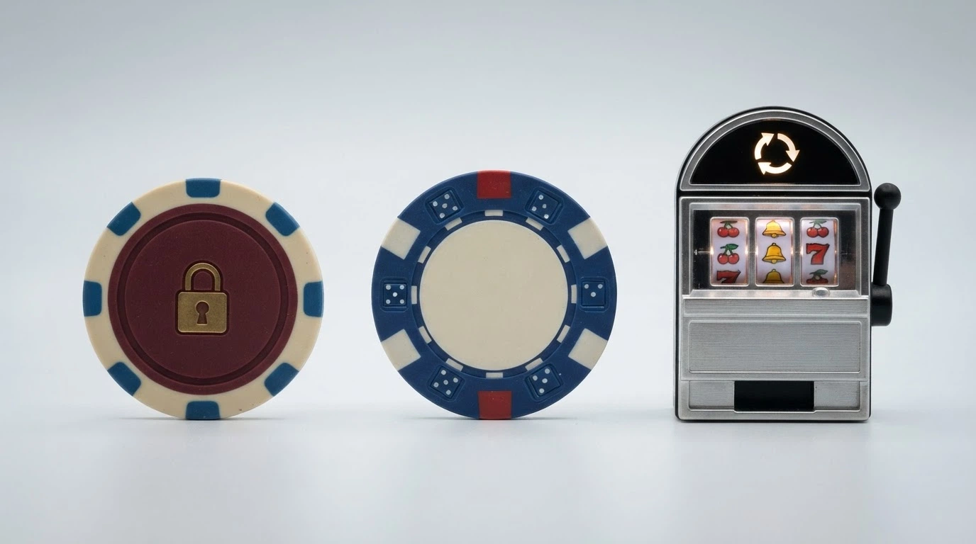 Tre icone affiancate su sfondo neutro: un gettone con lucchetto (Fun Bonus), una banconota (Real Bonus) e una slot machine con una freccia circolare (Giri Gratuiti)