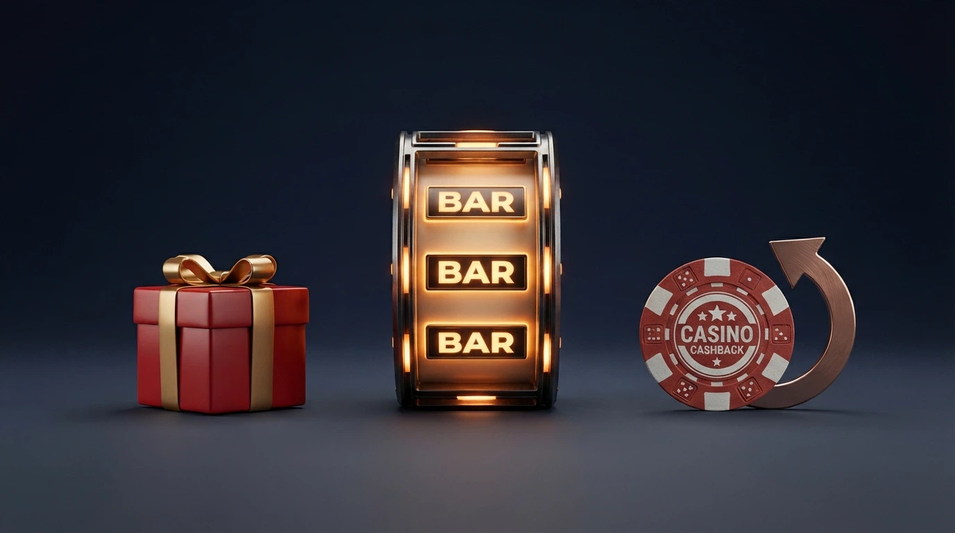 Tre icone affiancate che rappresentano un regalo (bonus), una slot machine (free spin) e una moneta con freccia di ritorno (cashback)