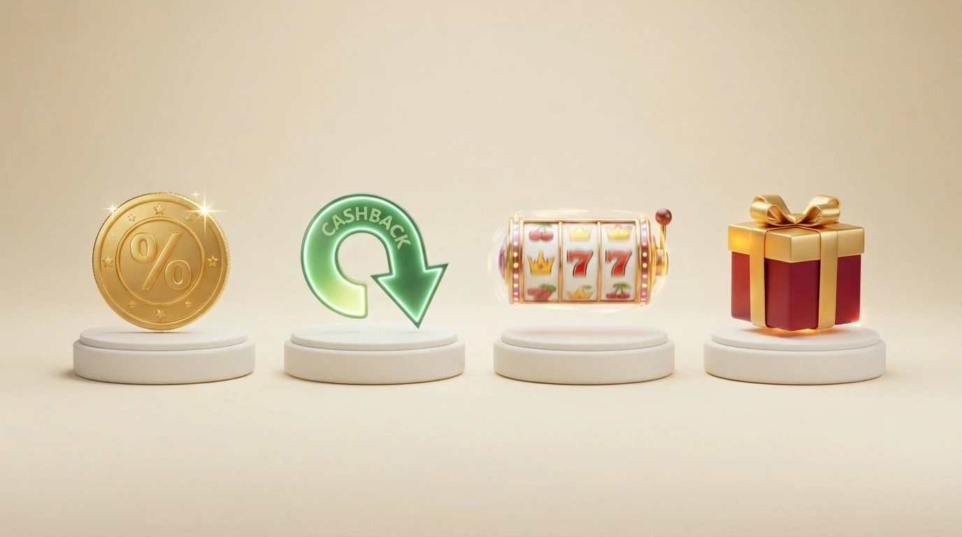 Quattro icone che rappresentano le tipologie di bonus — match sul deposito, cashback, free spin, bonus senza deposito — con una breve descrizione sotto ciascuna